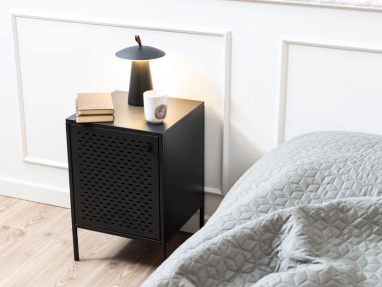 Onyx black metal bed, side table available at Furniture Barn