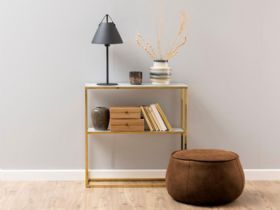 Isla white marble and gold chrome 1 shelf console table available at Furniture barn