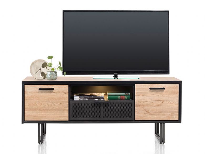 Habufa natural light wood and black tv unit available at Lee Longlands
