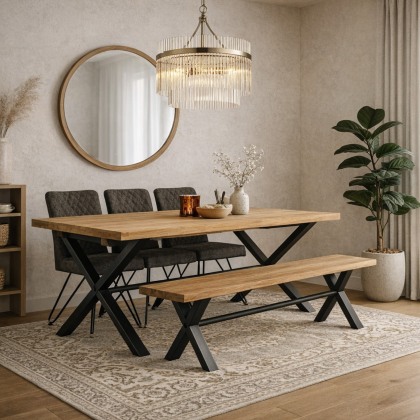 Yukon Oak Dining Table with Bench & 3 Grey Chairs