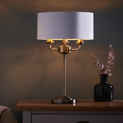 Highclere 3 Light Table Lamp Antique Brass and Vintage White Shade