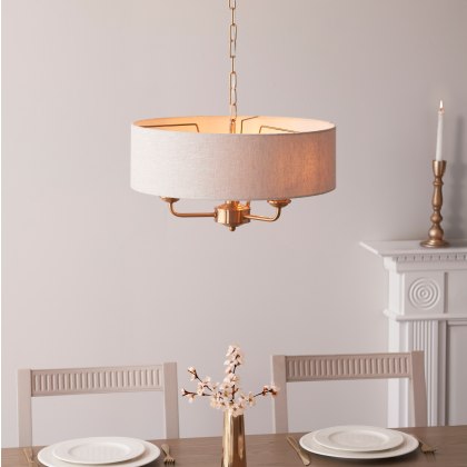 Highclere 3-Light Pendant – Vintage Brass with Natural Linen Shade
