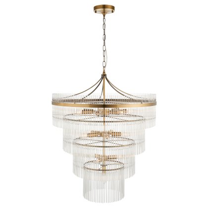 Marietta 16 Light Tiered Pendant – Antique Brass & Clear Glass Rods