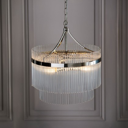 Marietta 5 Light Pendant – Bright Nickel & Clear Glass Rods