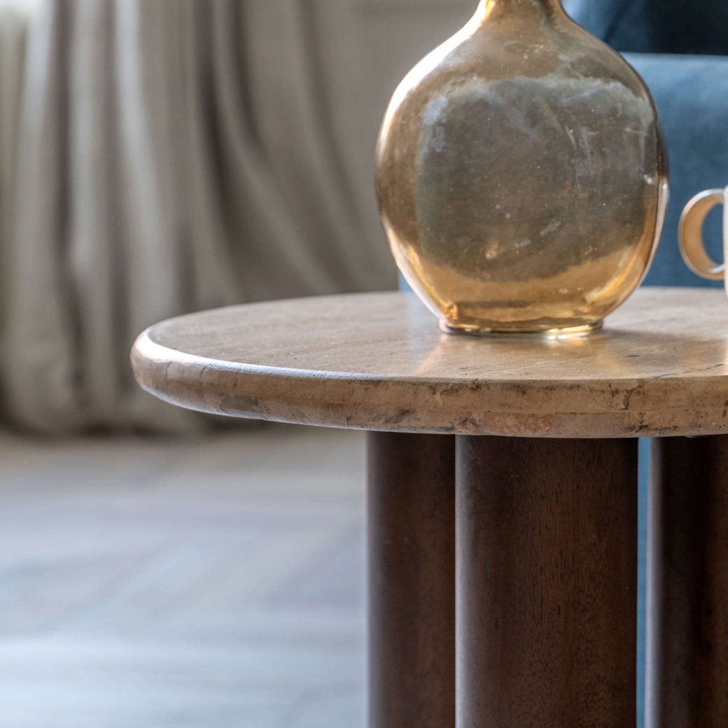 Travertine Side Table with Mango Wood Legs - Furniture Barn