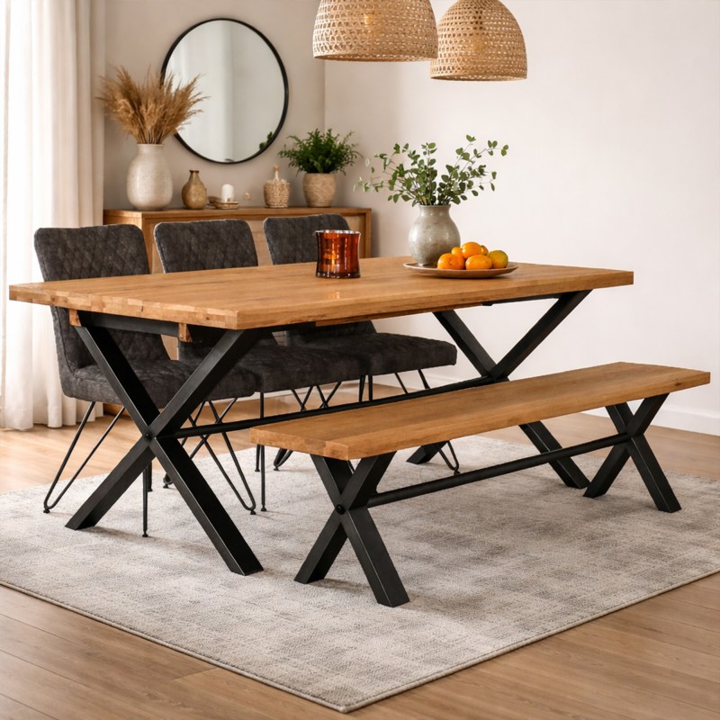 Yukon Oak Dining Table with Bench & 3 Grey Chairs Yukon Oak Dining Table with Bench & 3 Grey Chairs