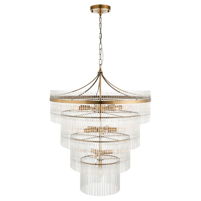 Marietta 16 Light Tiered Pendant – Antique Brass & Clear Glass Rods Marietta 16 Light Tiered Pendant – Antique Brass & Clear Glass Rods