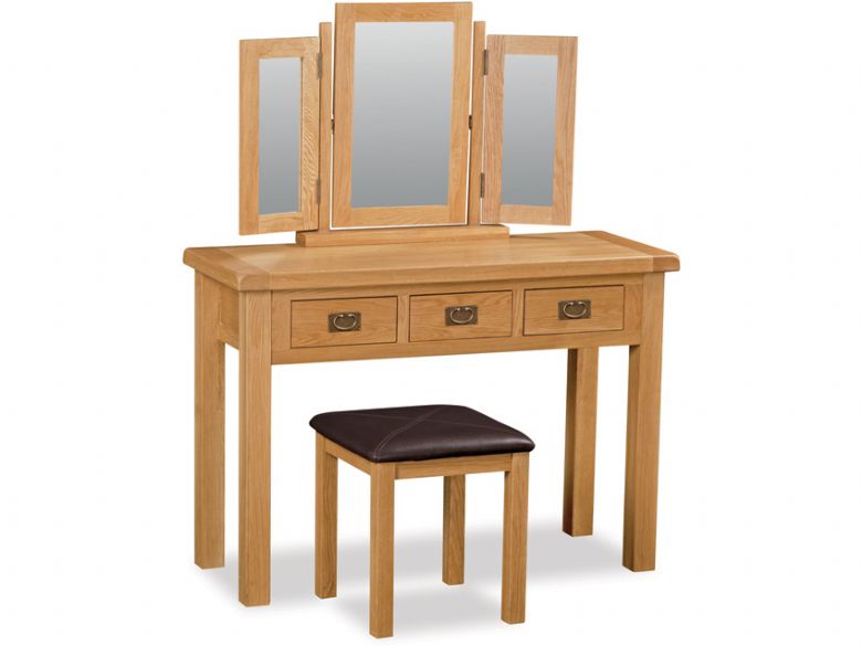 Winchester oak wide dressing table, triple mirror and stool