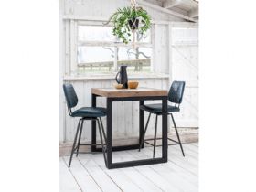 Mara blue bonded leather bar stool with Halstein reclaimed square bar table