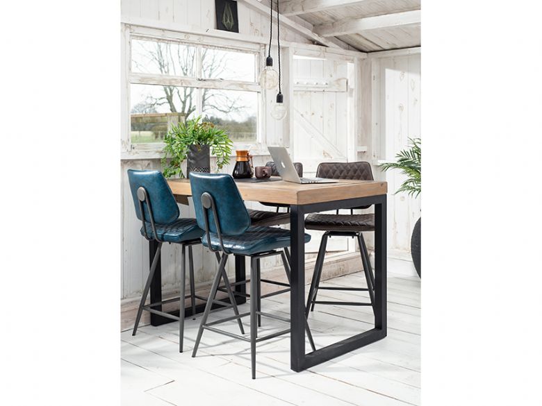 Mara blue bar stool with Halstein rectangular reclaimed bar table