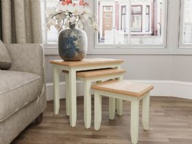 Moreton white nest of tables with oak tops