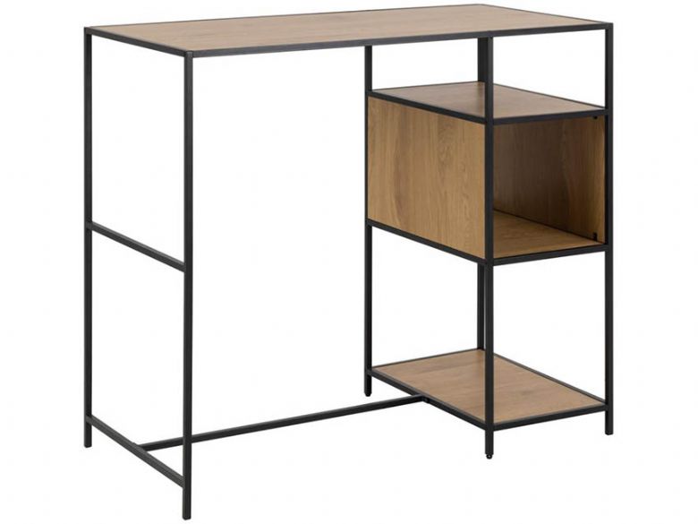 Lars textured wild oak and black metal bar table with shelves, storage available at Furniture Barn