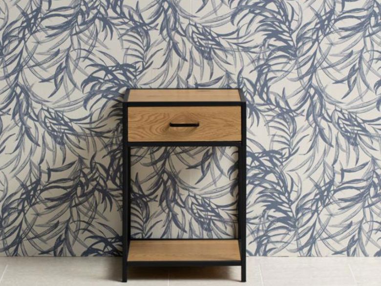 Lars textured wild oak and black metal bedside table available at Furniture Barn