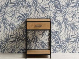 Lars textured wild oak and black metal bedside table available at Furniture Barn