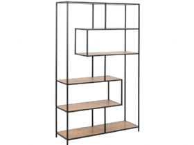 Lars textured wild oak and black metal asymmetrical bookcase available at Furniture Barn