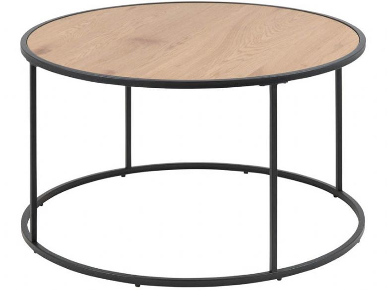 Lars round textured wild oak and black metal coffee table available at Furniture Barn