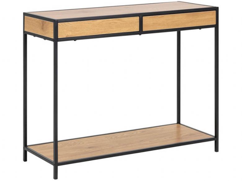 Lars textured wild oak and black metal console table with drawers  available at Furniture Barn