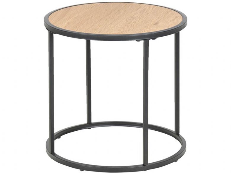 Lars textured wild oak and black metal round side lamp table available at Furniture Barn