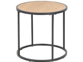 Lars textured wild oak and black metal round side lamp table available at Furniture Barn