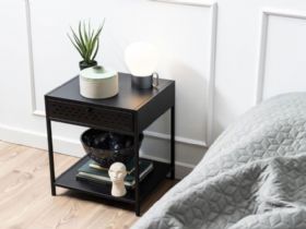 Onyx black metal single-draw bedside table available at Furniture Barn