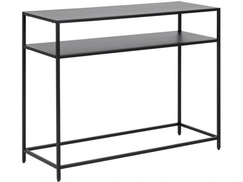 Onyx black industrial metal console table available at Furniture Barn