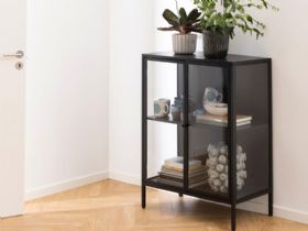 Onyx black industrial metal display cabinet available at Furniture Barn