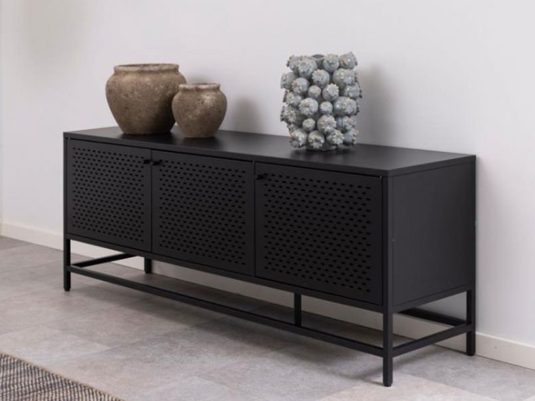 Onyx black industrial metal sideboard available at Furniture Barn