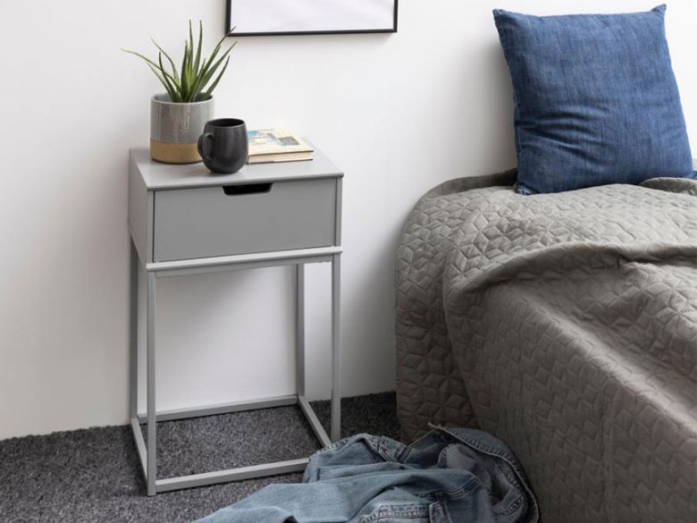 Malmo grey MDF and Metal bedside table available at Furniture Barn