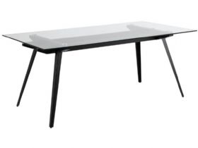 Pavia clear glass and black metal base dining table available at furniture barn