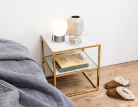 Isla white marble bedside table available at Furniture barn