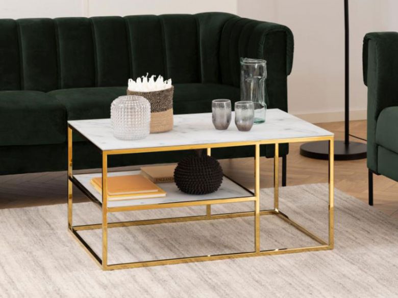 Isla white marble glass top and gold chrome metal base coffee table available at Furniture Barn