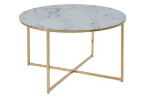 Isla round white marble top and gold chrome metal base coffee table available at Furniture Barn