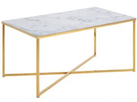 Isla white marble glass top and gold chrome metal base coffee table available at Furniture Barn