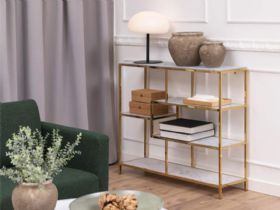 Isla white marble glass top and gold chrome metal base bookcase available at Furniture Barn