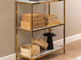 Isla white marble and gold chrome bookcase available at Furniture barn