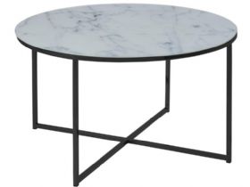 Isla round white marble glass top and black metal base coffee table available at Furniture Barn