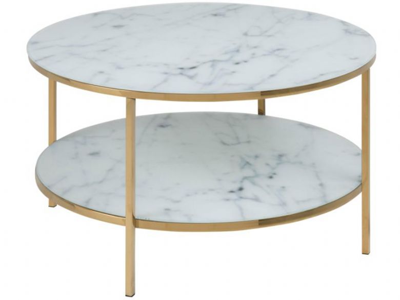 Isla round white marble and gold bookcase available at Furniture barn