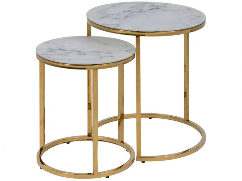 Isla round marble top and gold base nest of tables available at Furniture Barn