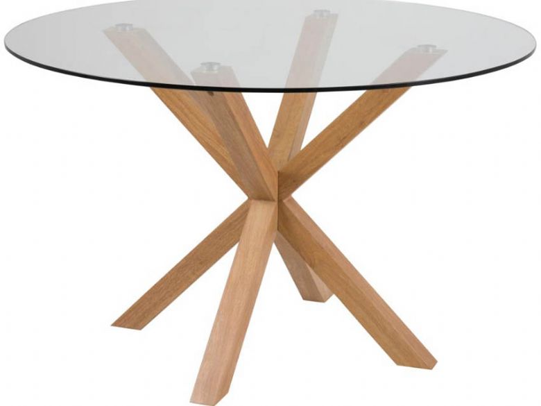 Finley Oak and glass dining table available at Furniture Barn