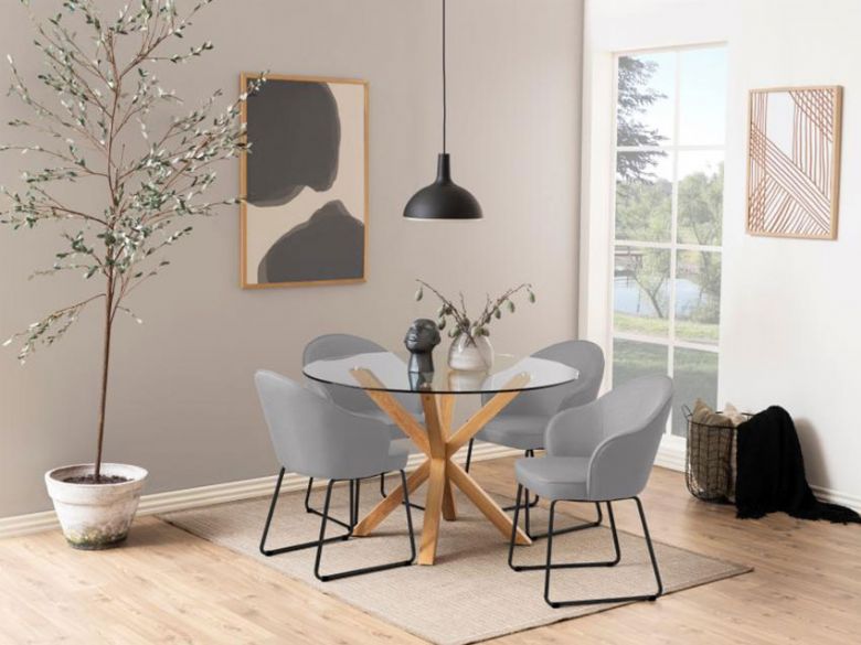 Finley Oak and glass dining table available at Furniture Barn