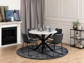Finley Oak and marble dining table available at Furniture Barn