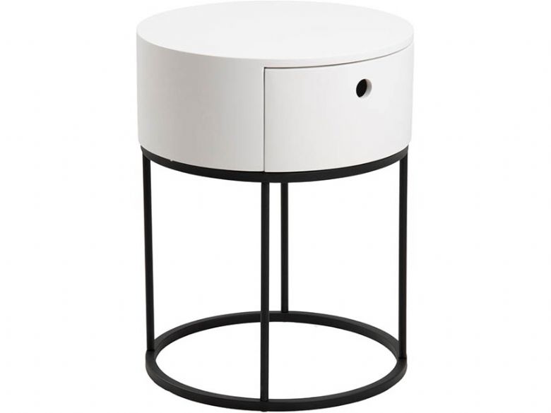Morgon white and black round MDF and metal bedside table available at Furniture Barn