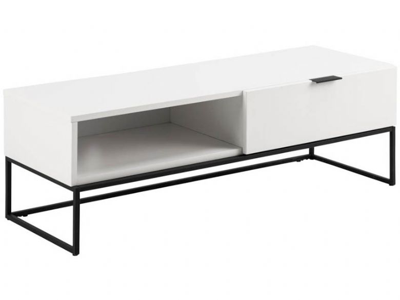 Shae white MDF and black metal tv unit available at Furniture Barn