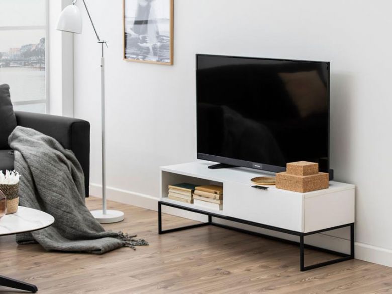 Shae white MDF and black metal tv unit available at Furniture Barn