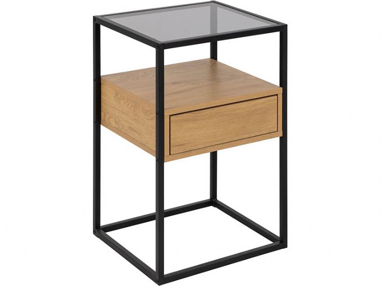 Sawyer wild oak, metal and tempered glass bedside table available at Furniture Barn