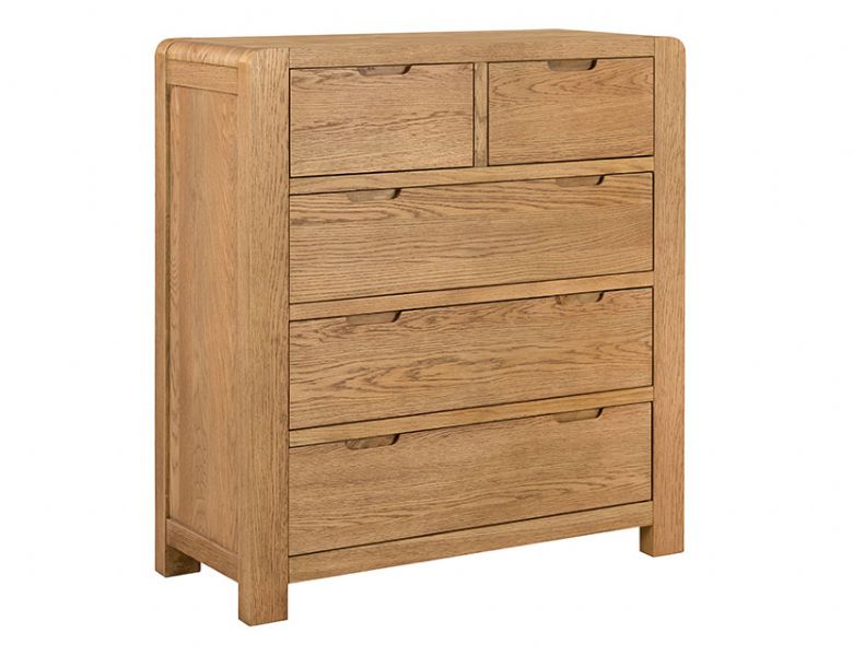 Linus bedroom oak 5 drawer chest available at Lee Longlands